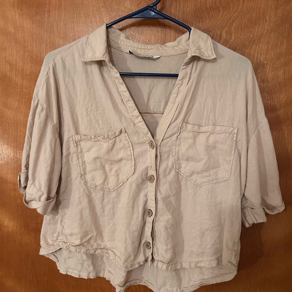 Zara Cream Tan Boxy Button Down Shirt